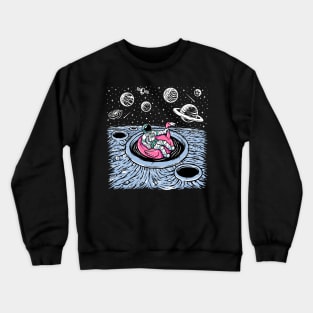 Funny Astronaut Floating in a Crater Pool on a Pink Flamingo Float Crewneck Sweatshirt